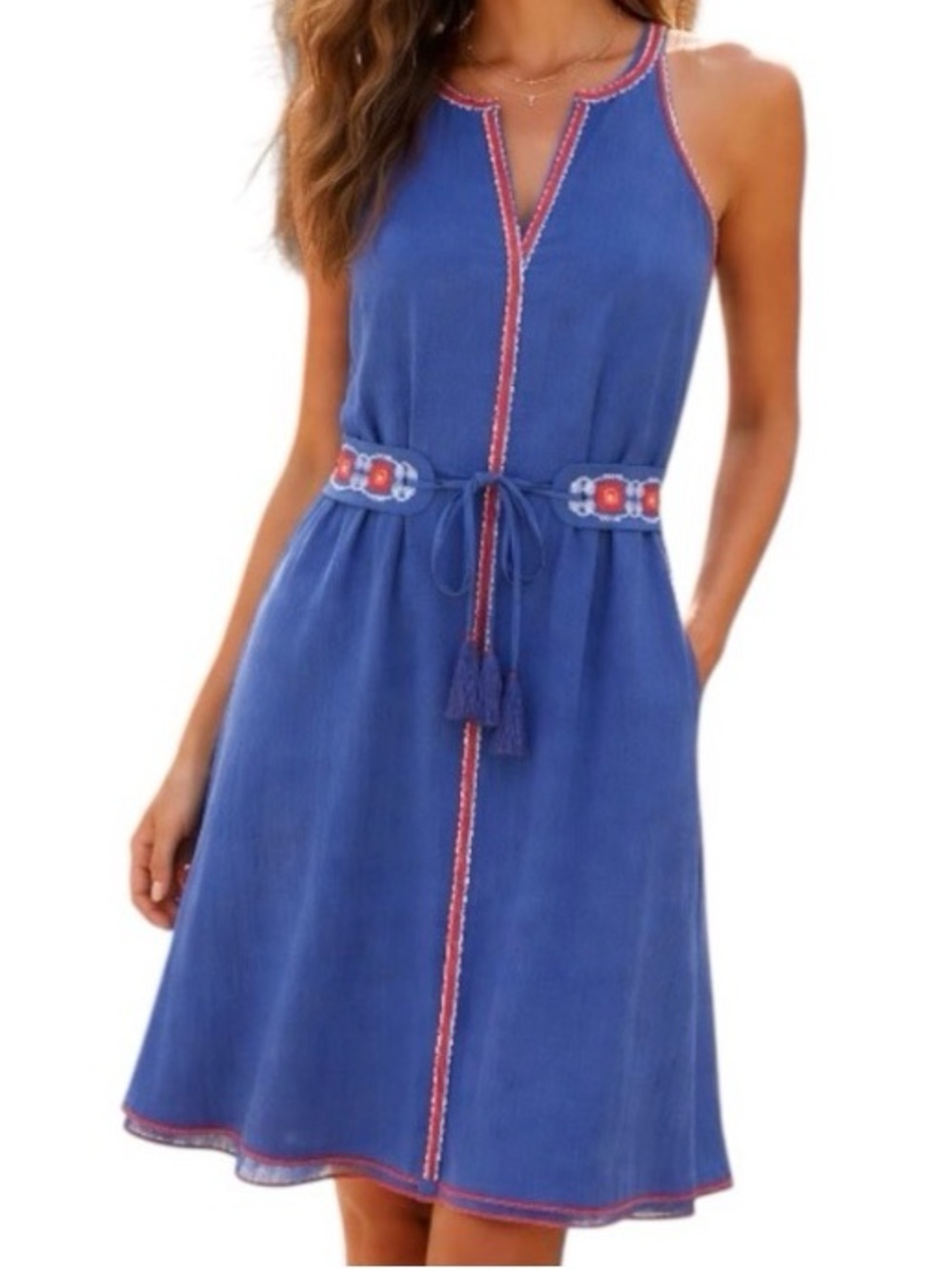 Tory Burch Savannah Linen Cotton Embroidered Blue Midi Dress Boho Belted Sz 0